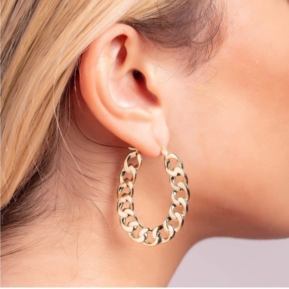 GOLD 18k Gold Plated Link Chain Hoop Earrings - Picture 1 of 3